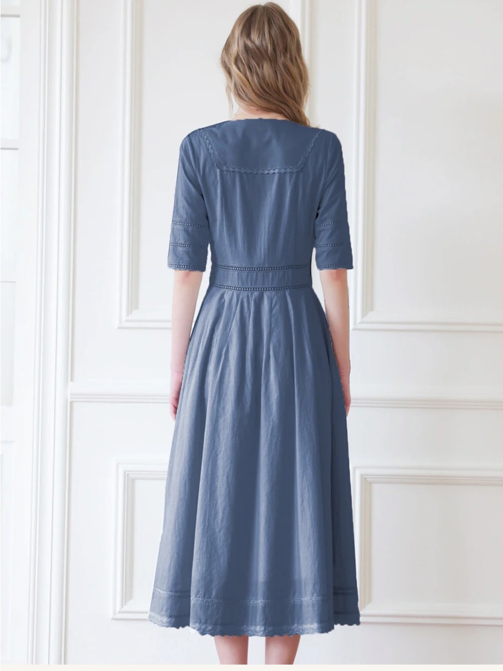 Simple Retro FIONA 100% COTTON DEMIN BLUE MIDI DRESS - Picture 4 of 5